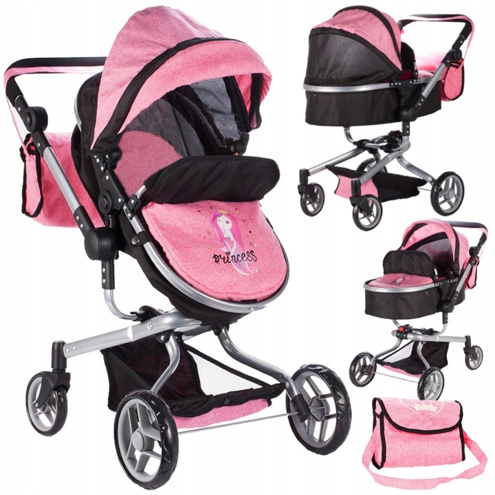 WÓZEK DLA LALEK GŁĘBOKI SPACERÓWKA 2w1 LEKKI SKŁADANY + TORBA + GONDOLA