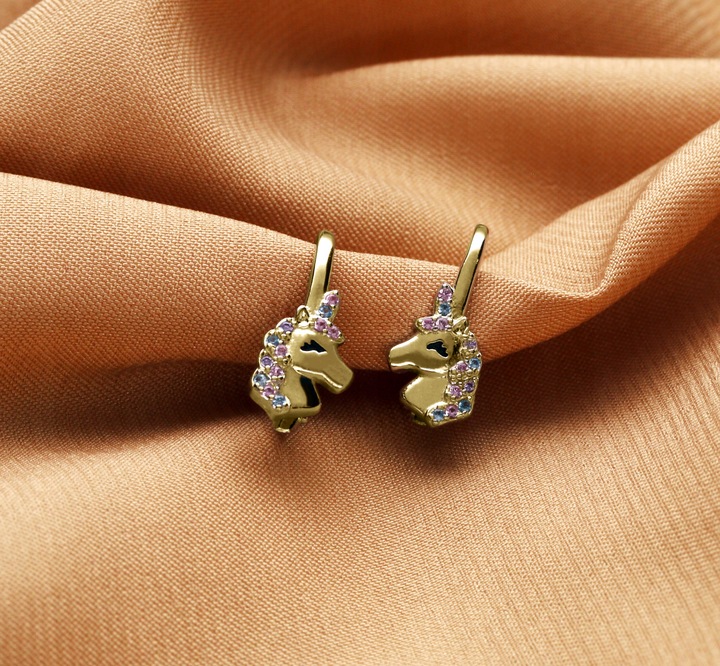 Srebrne kolczyki wiszące jednorożce dla dziewczynki dzieci srebro pozłacane