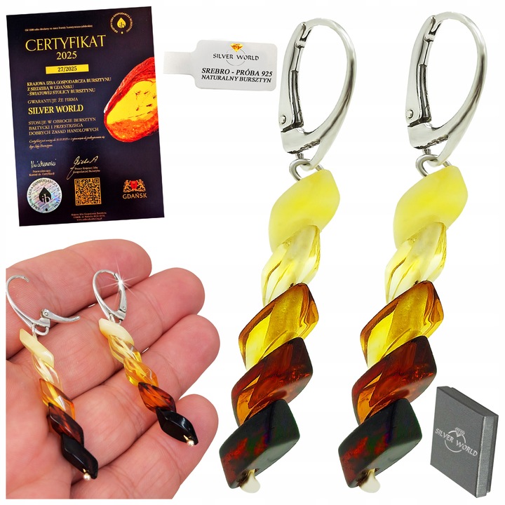 KOLCZYKI SREBRNE Z BURSZTYNEM CIENIOWANE DŁUGIE WISZĄCE NA PREZENT + GRATIS