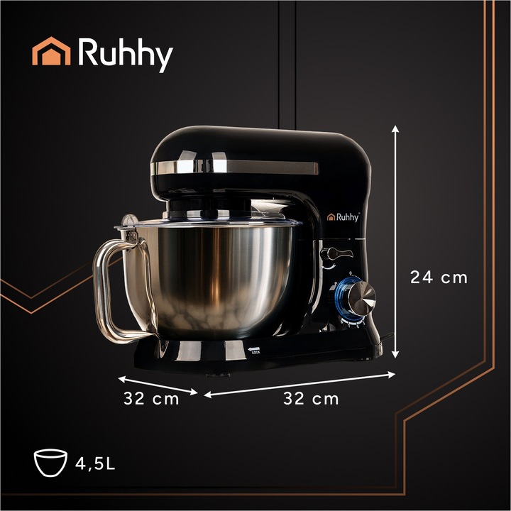 Robot Planetarny Kuchenny RUHHY 4,5L Wielofunkcyjny Mikser do Ciasta CZARNY