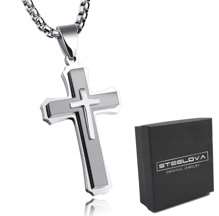 DUŻA ZAWIESZKA KRZYŻYK SREBRNY Z ŁAŃCUSZKIEM STAL