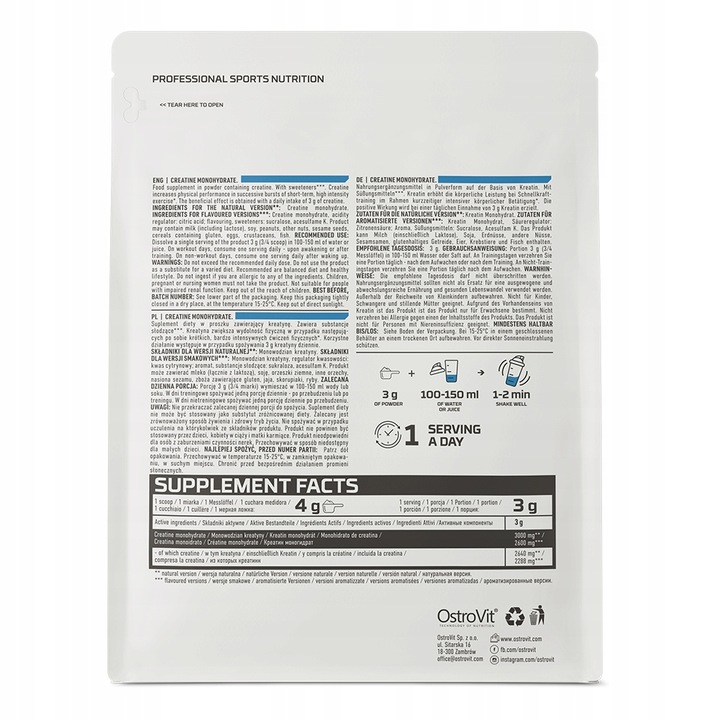 OstroVit KREATYNA MONOHYDRANT CZYSTA PREMIUM CREATINE NATURALNA 500 g