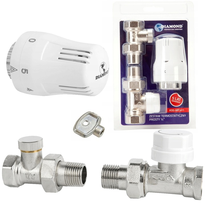 ZESTAW TERMOSTATYCZNY PROSTY ZAWÓR ZASILAJĄCY POWROTNY GŁOWICA DO GRZEJNIKA