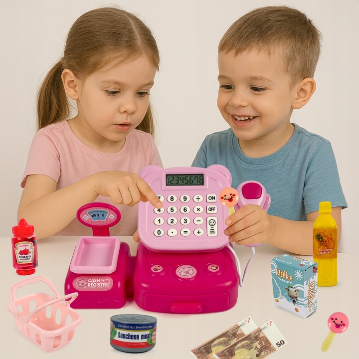 Interaktywna Kasa Fiskalna dla Dzieci Sklepowa Waga Skaner Koszyk Monety