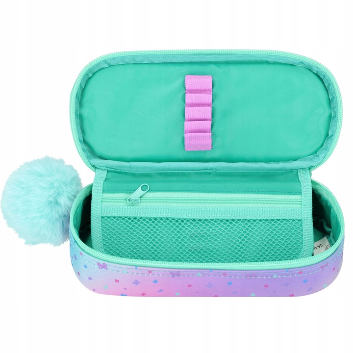 PIÓRNIK SZKOLNY SASZETKA USZTYWNIANA DLA DZIEWCZYNKI OMBRE Z KOTKIEM KOT