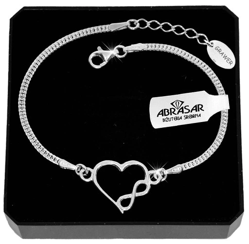 BRANSOLETKA SREBRNA DAMSKA NA RĘKĘ REGULOWANA SERCE NIESKOŃCZONOŚĆ + GRAWER