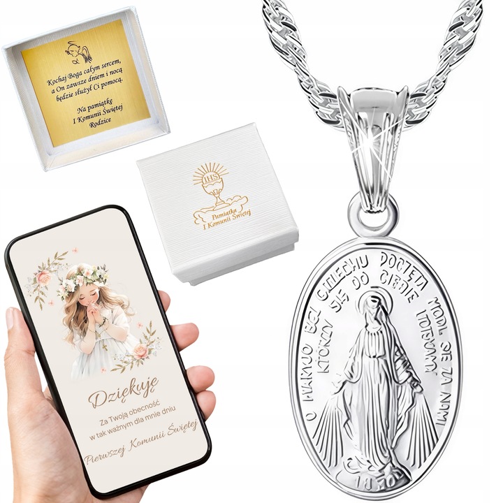 Medalik komunijny Matka Boska Cudowna srebro 925 40cm na Komunię na Chrzest