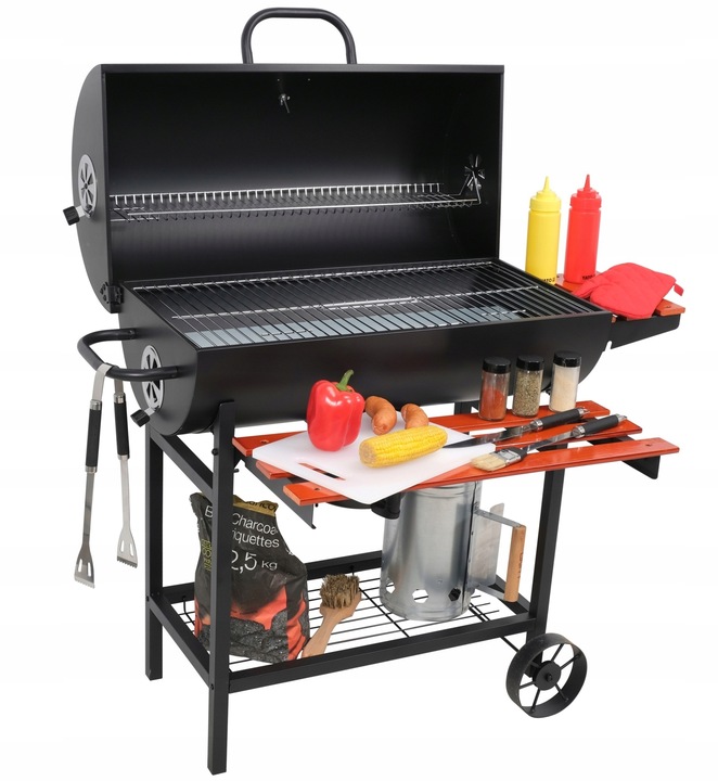 GRILL OGRODOWY WĘGLOWY Z POKRYWĄ DUŻY RUSZT 71x34,5cm POPIELNIK 3 PÓŁKI