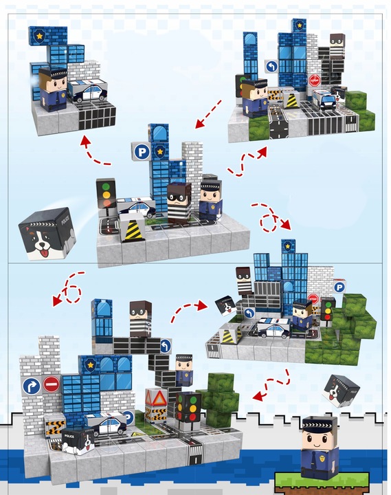 KLOCKI MAGNETYCZNE 2,5cm kostki piksele zestaw POLICJA miasto 110 elementów