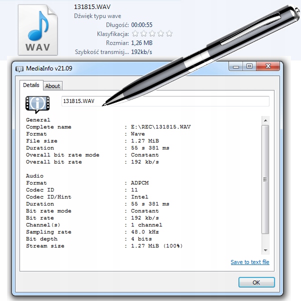 DŁUGOPIS MINI DYKTAFON SZPIEGOWSKI PENDRIVE 15H HQ Do Podsłuchu Detekcja