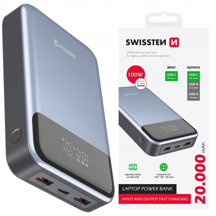 Powerbank 20000 mAh 100W do laptopa smartfona 2x USB-A 1x USB-C KOMPAKTOWY