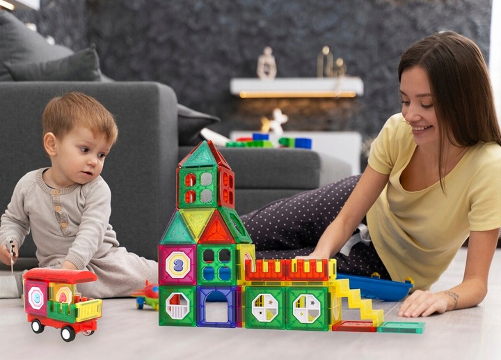 DUŻE Klocki Magnetyczne 3D Panele Konstrukcyjne Edukacyjne 110 el. Dom Auto