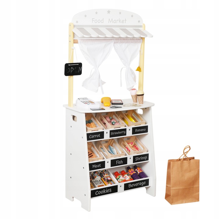 DREWNIANY STRAGAN TEATRZYK MINI MARKET SKLEP WARZYWNIAK Z AKCESORIAMI