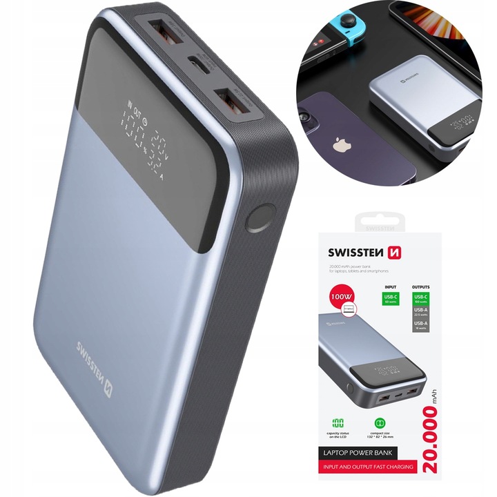 Powerbank 20000 mAh 100W do laptopa smartfona 2x USB-A 1x USB-C KOMPAKTOWY
