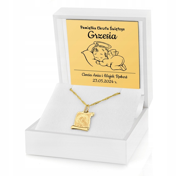 Złoty Medalik 585 z Łańcuszkiem na Chrzest Pamiątka Chrztu Grawer Gratis