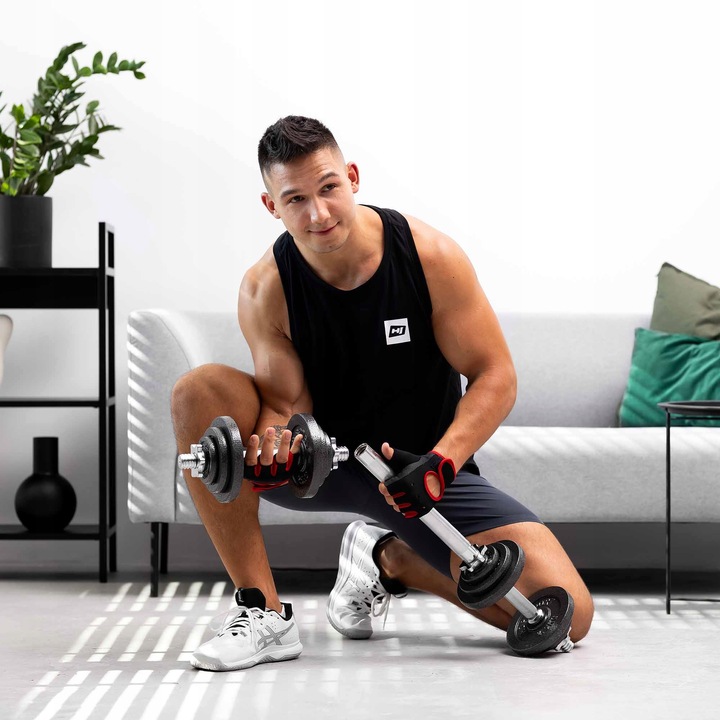 Hantle żeliwne 2x15kg zestaw z przedłużanym gryfem ryflowanym + zaciski