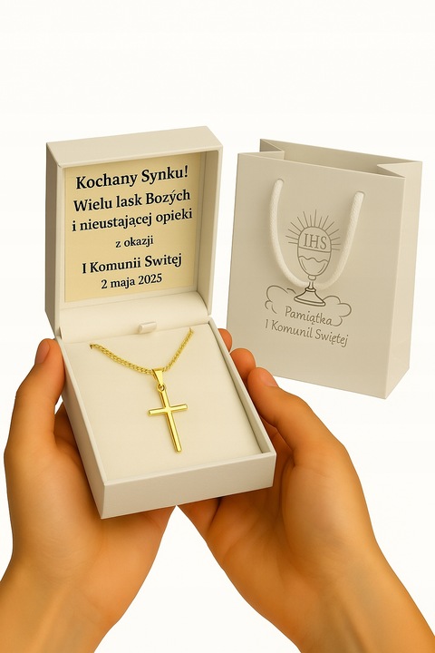 ZŁOTY ŁAŃCUSZEK NA CHRZEST CHRZCINY KRZYŻYKIEM PR 925 585 GRAWER PAMIĄTKA