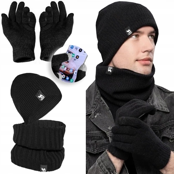 Zimowy KOMPLET Męski CZAPKA + KOMIN + RĘKAWICZKI DO TELEFONU CIEPŁY czarny