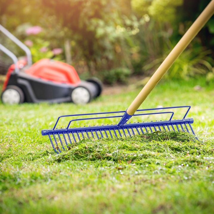 GRABIE METALOWE DO LIŚCI TRAWY OGRODOWE 165cm WZMOCNIONE 32 ZĘBNE TRZONEK