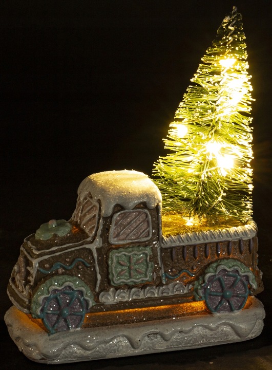 świąteczna figurka LED autko z choinką na pace światełka LED|14,5cm PREZENT