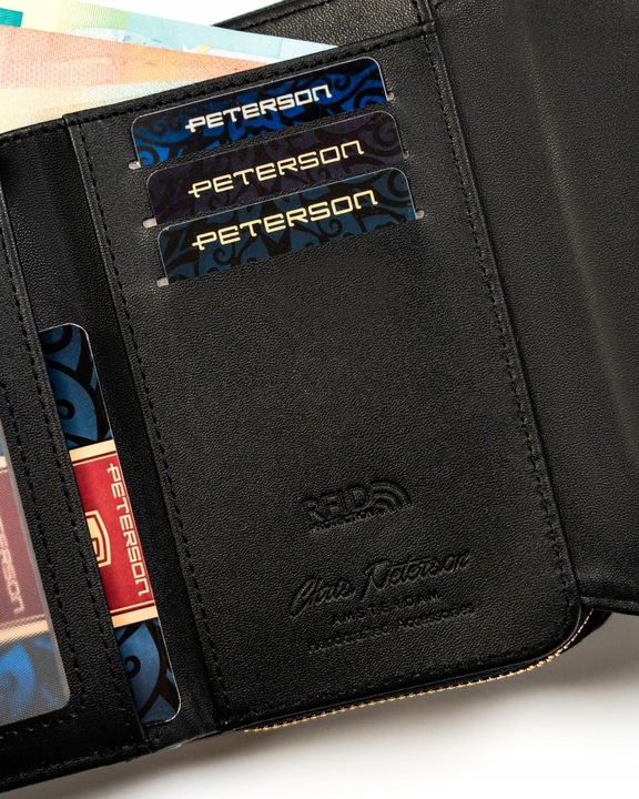 PETERSON portfel damski poziomy RFID STOP portmonetka na zatrzask czarny