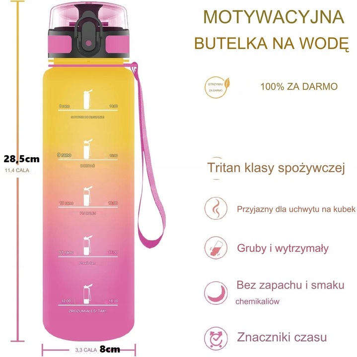 Butelka Bidon na Wodę Miarka Motywacyjna 1L TRITAN 1000ml + sitko na owoce