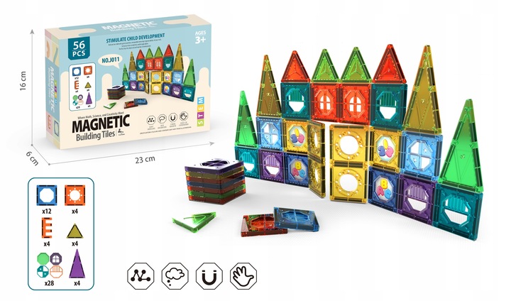 KLOCKI MAGNETYCZNE KONSTRUKCYJNE EDUKACYJNE DUŻE PANELE 3D DLA DZIECI 56 EL