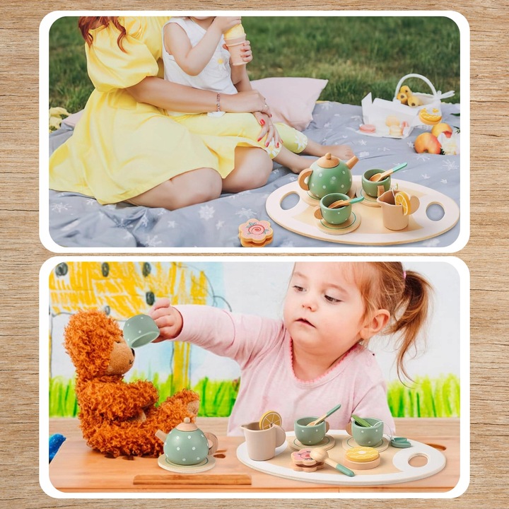 ZESTAW DO HERBATY KAWY DLA DZIECI DREWNIANY SERWIS KAWOWY DO ZABAWY PREZENT
