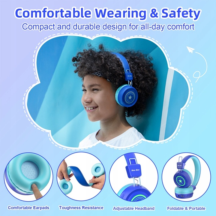 SŁUCHAWKI DLA DZIECI NEW BEE KH22B BEZPRZEWODOWE SKŁADANE LED BLUETOOTH 32h