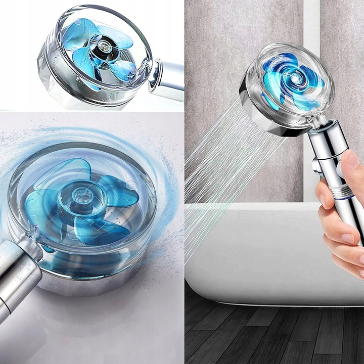 OSZCZĘDNA TURBO SŁUCHAWKA PRYSZNICOWA Z TURBINĄ WENTYLATOREM +WĄŻ+4xFILTR