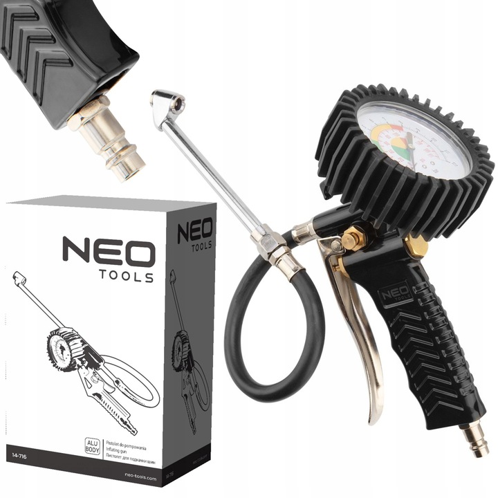NEO PISTOLET DO POMPOWANIA KÓŁ Z MANOMETREM DŁUGA KONCÓWKA 12 BAR 14-716