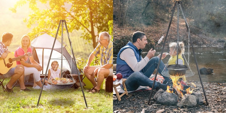 PALENISKO TRÓJNÓG GRILL OGRODOWY OGNISKOWY WISZĄCY DUŻY RUSZT CHROMOWANY 50