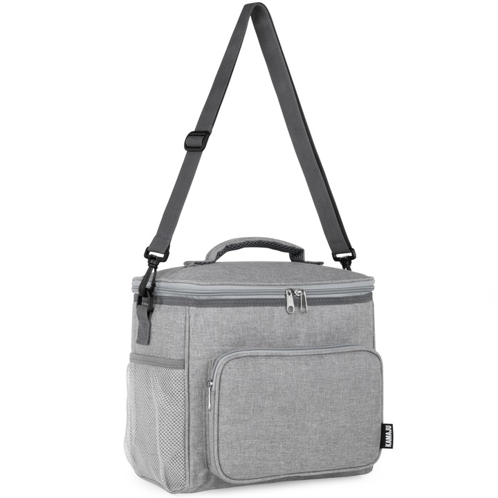 SOLIDNA TORBA TERMICZNA NA LUNCH PIKNIK 2 KOMORY + KIESZENIE PASEK SZARA