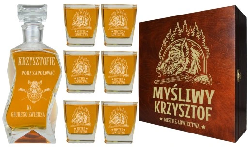 KARAFKA + 6 SZKLANEK DO WHISKY W PUDEŁKU Z GRAWEREM PREZENT DLA MYŚLIWEGO