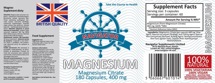 MAGNESIUM Cytrynian Magnezu 400mg NAVIGATOR 180tab