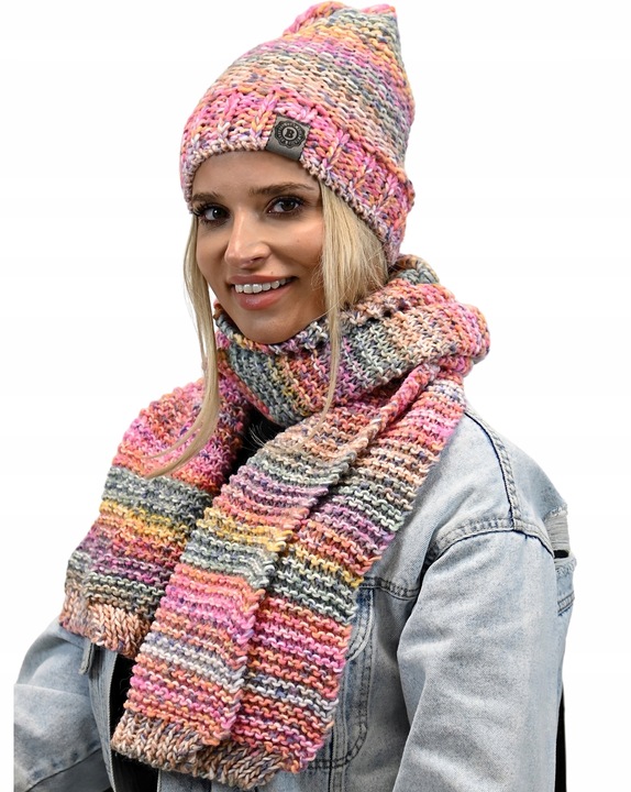 Zimowy Komplet Kolorowy Gruby Czapka Szal Wz1