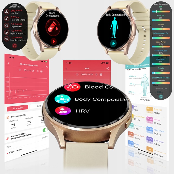 SMARTWATCH DAMSKI AMOLED KARDIOWATCH POMIAR EKG HRV CIŚNIENIE ROZMOWY SMS