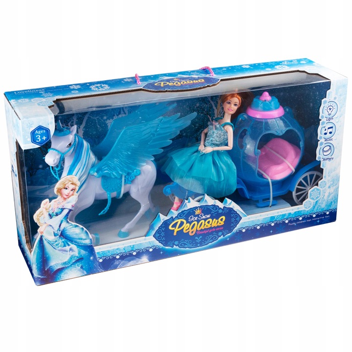 KARETA DLA LALKI Z PEGAZEM JEDNOROŻCEM I LALKĄ KAROCA LODOWA KRAINA