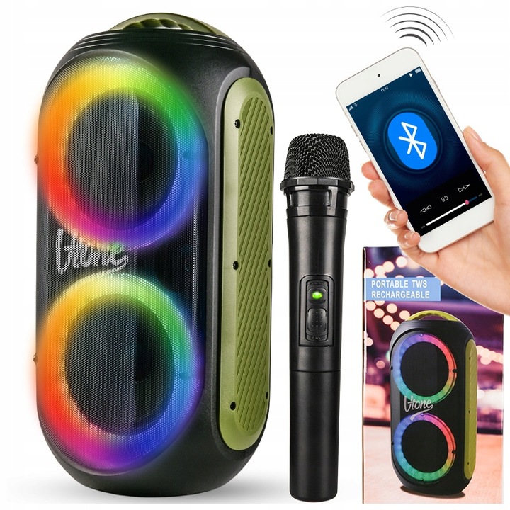 GŁOŚNIK BLUETOOTH USB SD FM AUX PRZENOŚNA KOLUMNA BOOMBOX KARAOKE MIKROFON