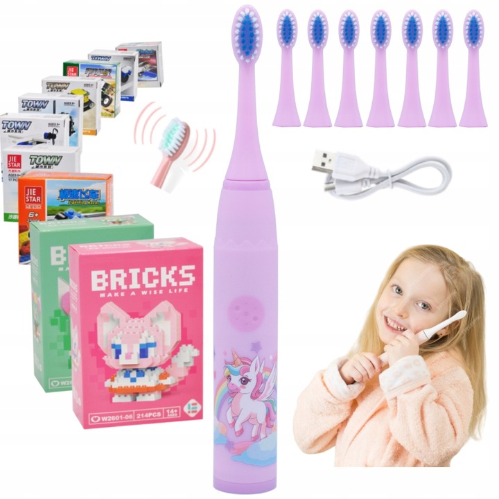 SZCZOTECZKA SONICZNA DO ZĘBÓW DLA DZIECI ELEKTRYCZNA FIOLET+KOŃCÓWKI+GRATIS