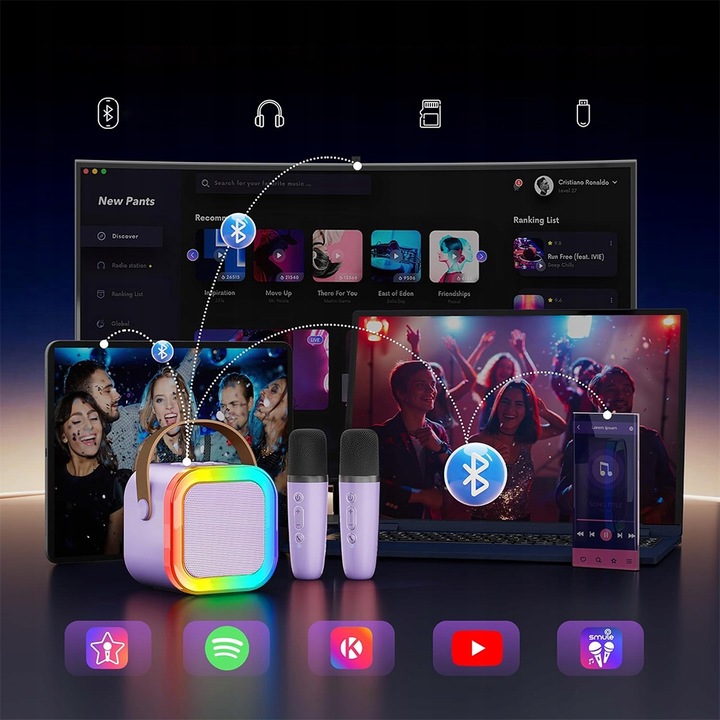 Bezprzewodowy Zestaw do Karaoke dla Dzieci LED Głośnik Bluetooth +Mikrofony