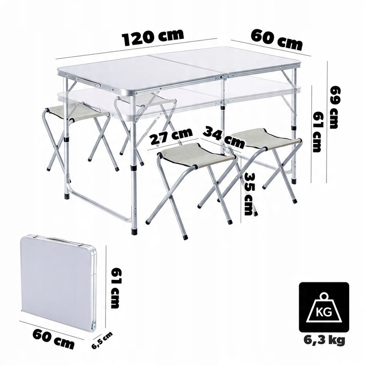 STOLIK STÓŁ TURYSTYCZNY SKŁADANY KEMPINGOWY Z 4 KRZESŁAMI BIAŁY ZESTAW
