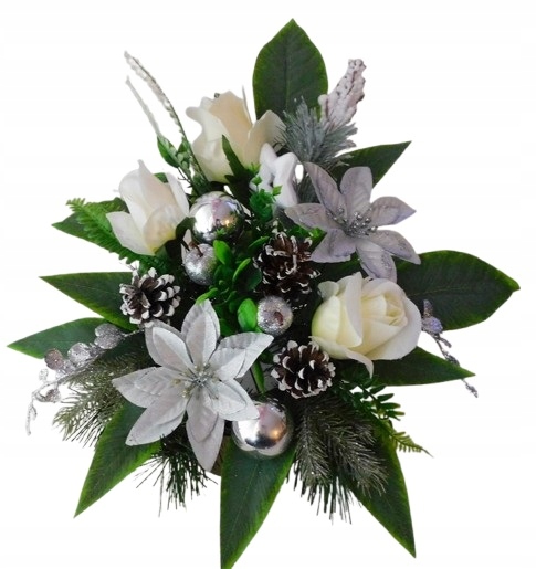 Stroik świąteczny na grób, Boże Narodzenie róża poinsecja biel- srebro