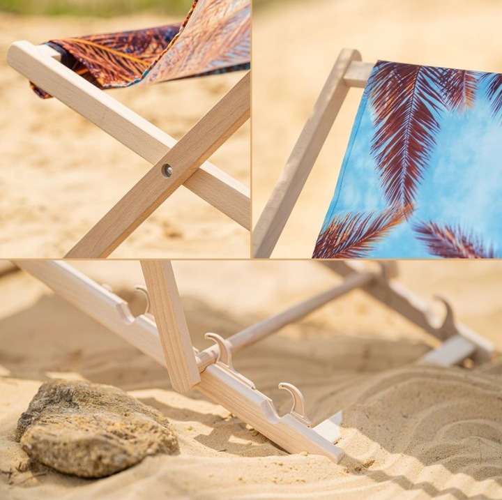 Leżak OGRODOWY DRAWNIANY JASNY z nadrukiem FOLK na PLAŻĘ TARAS BALKON