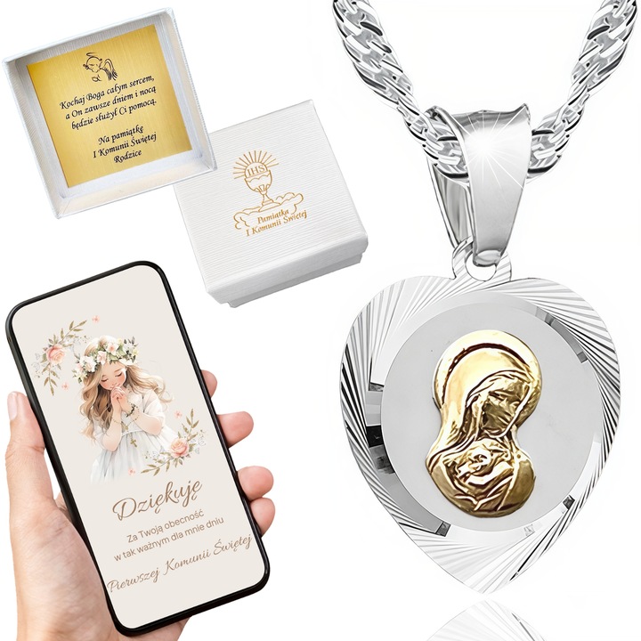 Zestaw Srebrny Łańcuszek i Medalik Serce Matka Boska Chrzest Komunia 45 cm