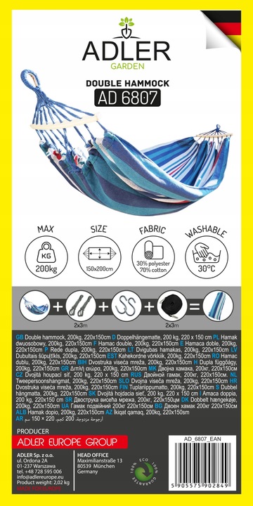 HAMAK Ogrodowy 2 Osobowy HUŚTAWKA XXL 200x150cm 2 Liny Pasy Haki Pokrowiec