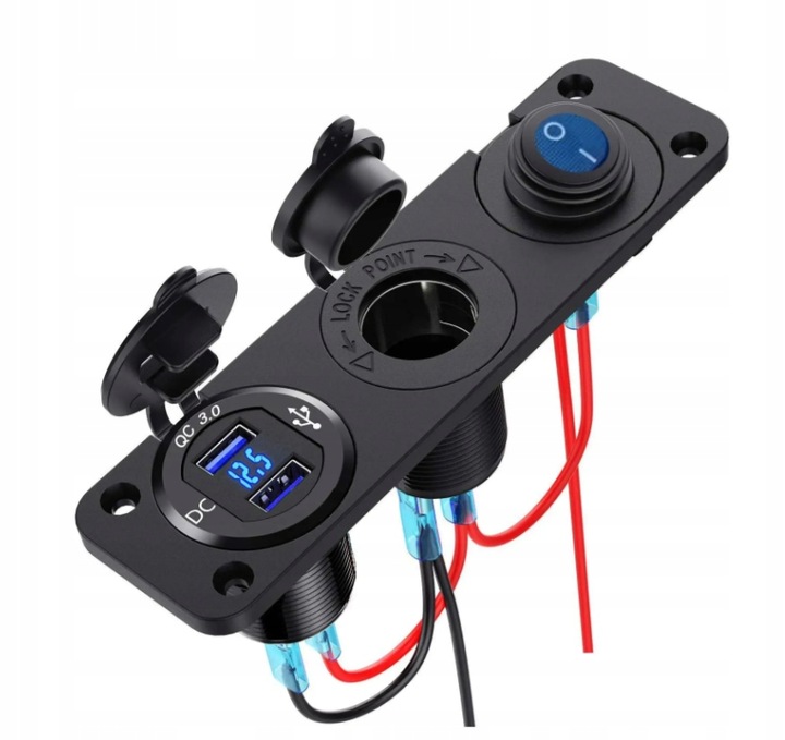 GNIAZDO ZAPALNICZKI Ładowarka USB 2xQC 3.0 WOLTOMIERZ PANEL 3 12/24V Kable