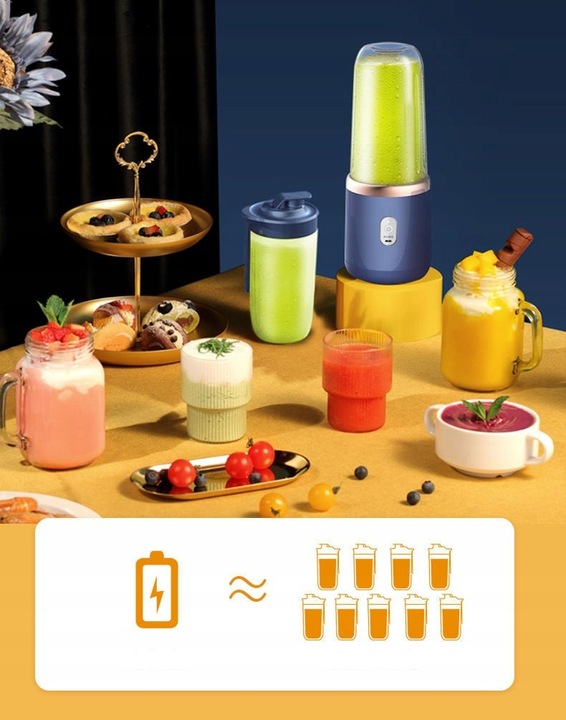BLENDER KIELICHOWY PRZENOŚNY BEZPRZEWODOWY KEMPING 400ML 2 KUBKI