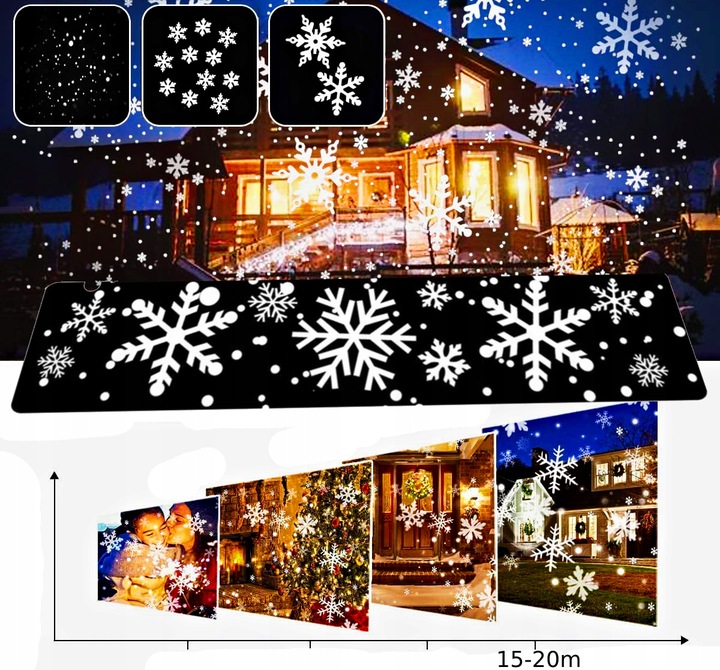 ŚWIĄTECZNY PROJEKTOR LED NA DOM ZEWNĄTRZ PŁATKI ŚNIEGU RZUTNIK NOWOŚĆ 2024