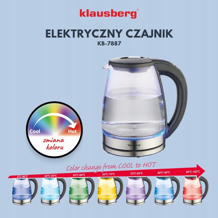 Czajnik elektryczny szklany Regulacja Temp. Klausberg KB-7887 1.8L LED LCD
